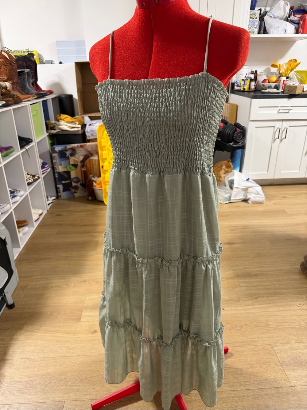 Streetwear Society Sage Green Smocked Tiered Maxi Dress
